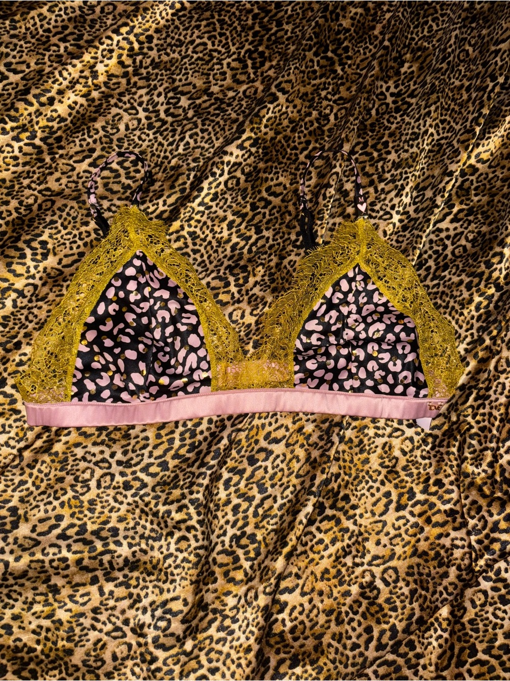 Victoria's Secret Pink Leopard Satin & Gold/Olive Green Lace Bralette Size M